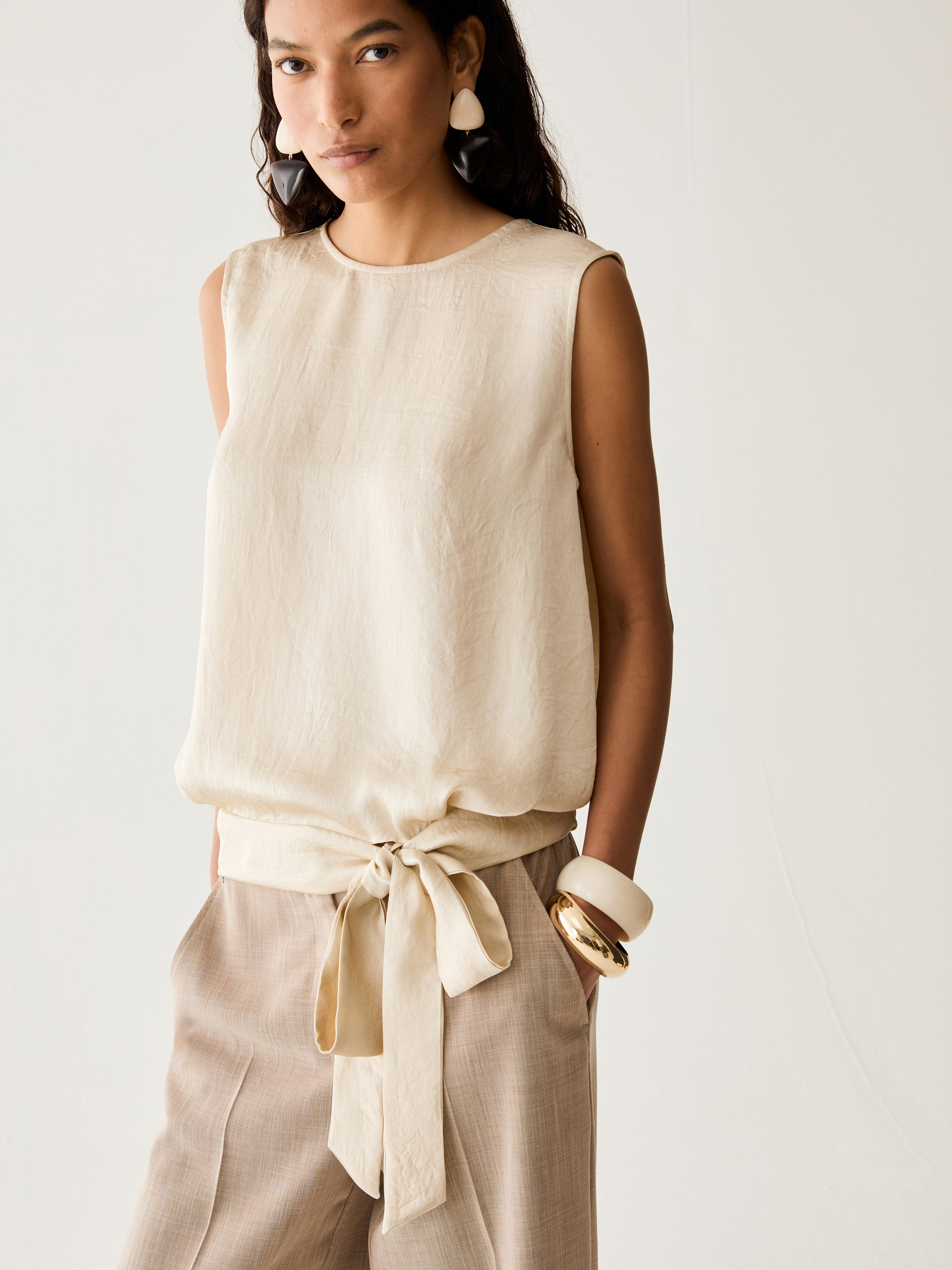 Bow-detail crinkle twill top - WOOL WHITE - Pennyblack - 4