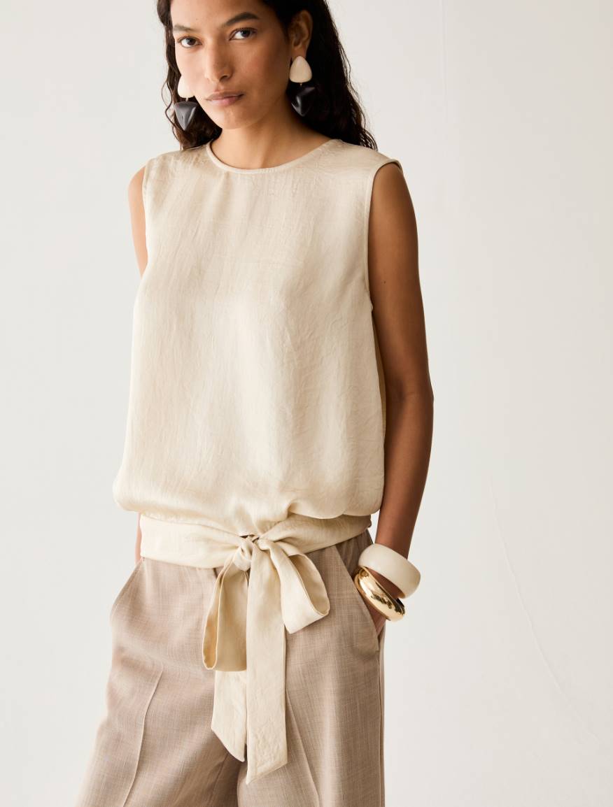 Bow-detail crinkle twill top - WOOL WHITE - Pennyblack - 4