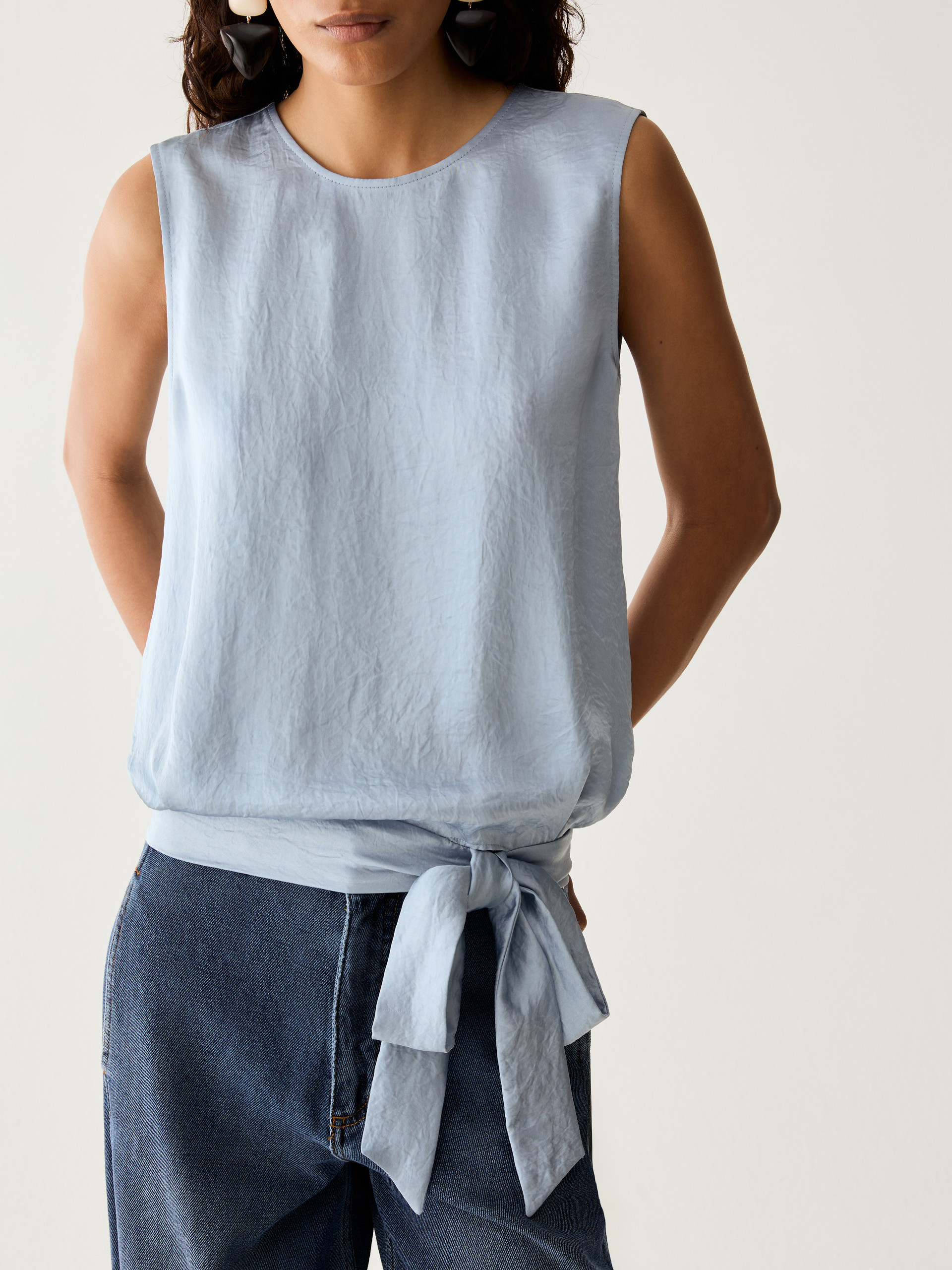 Bow-detail crinkle twill top - BLUE-GREY - Pennyblack - 4