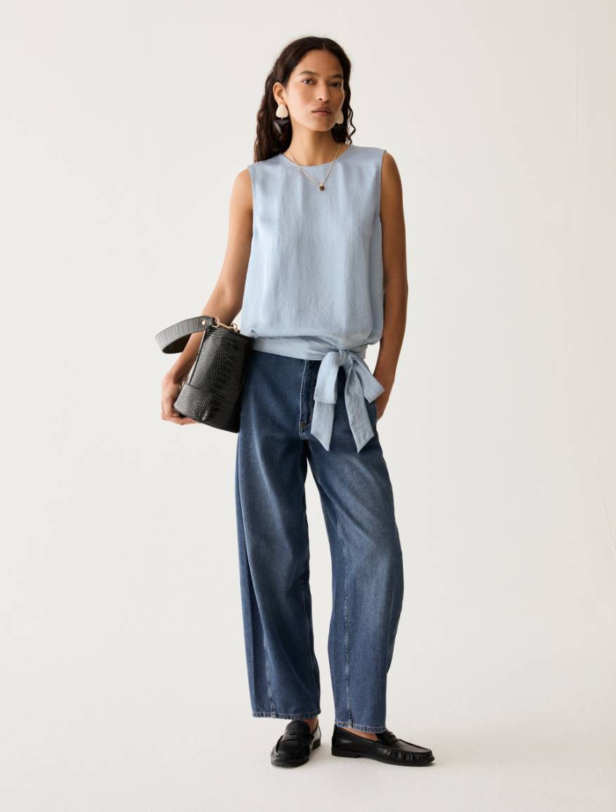 Bow-detail crinkle twill top - BLUE-GREY - Pennyblack - 5