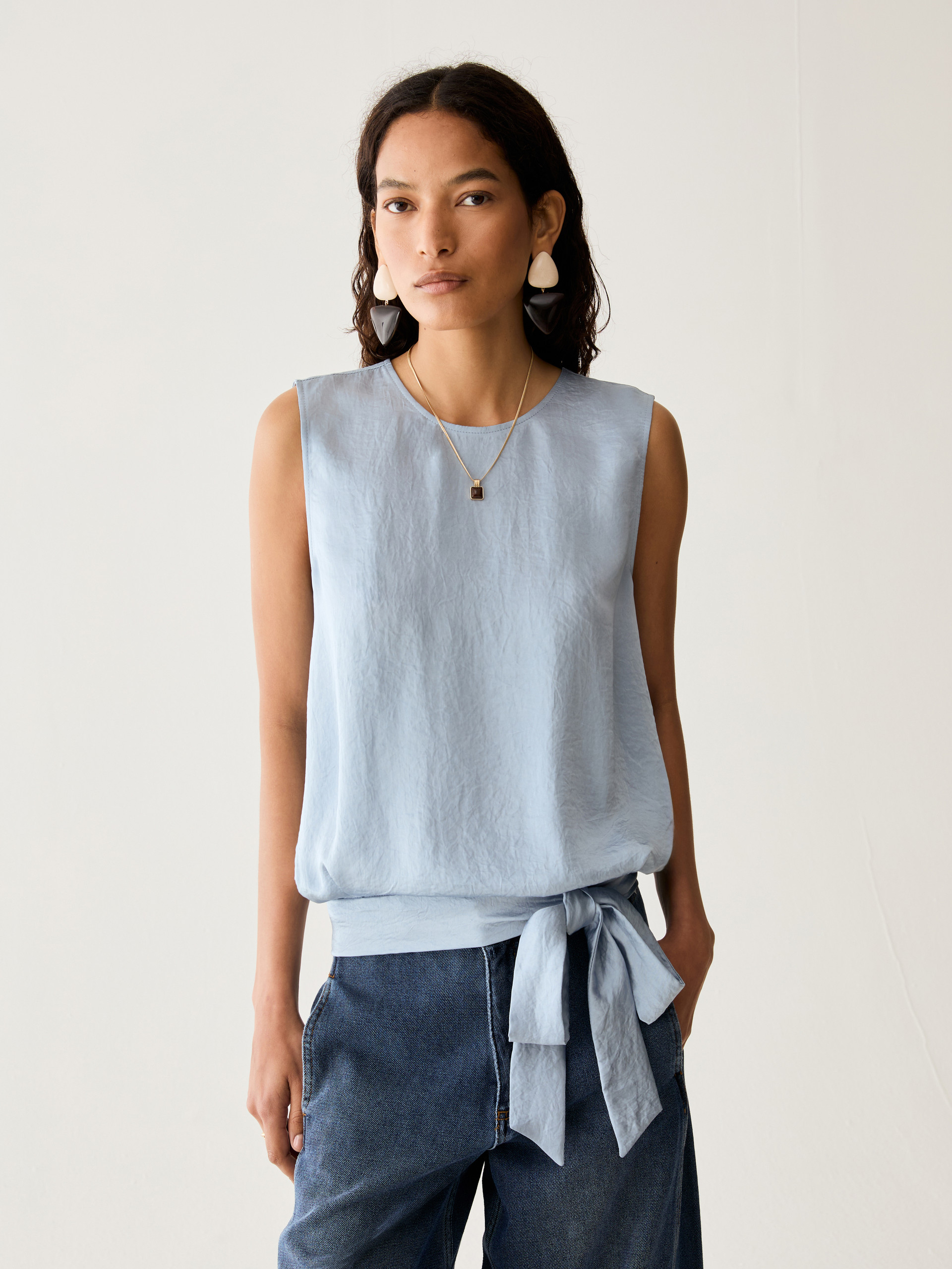 Bow-detail crinkle twill top - BLUE-GREY - Pennyblack - 1