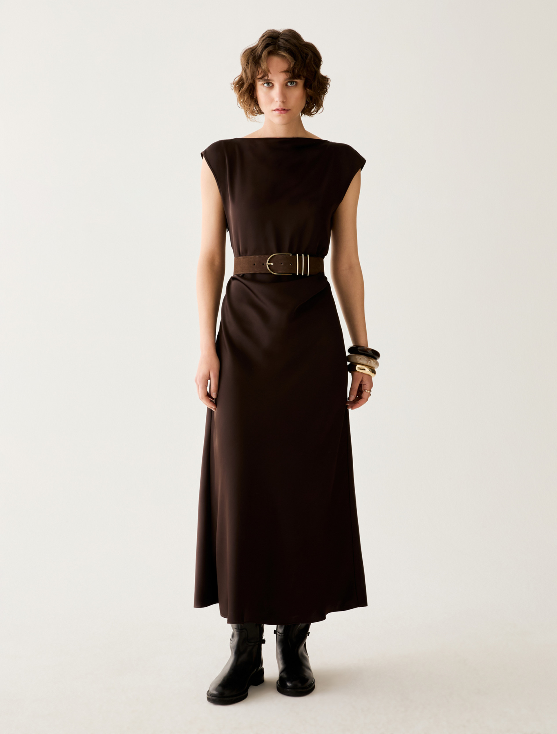 Satin dress with draping - DARK BOWN - Pennyblack - 1