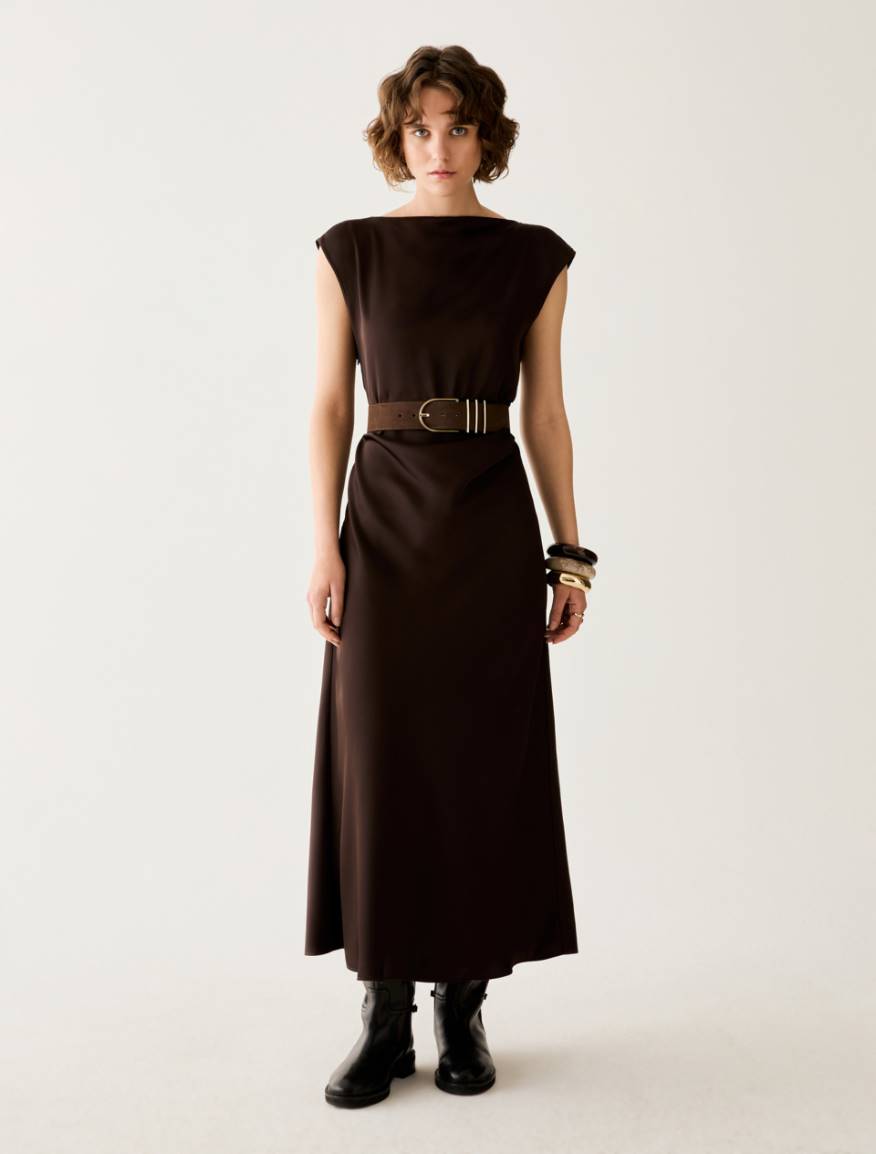 Satin dress with draping - DARK BOWN - Pennyblack