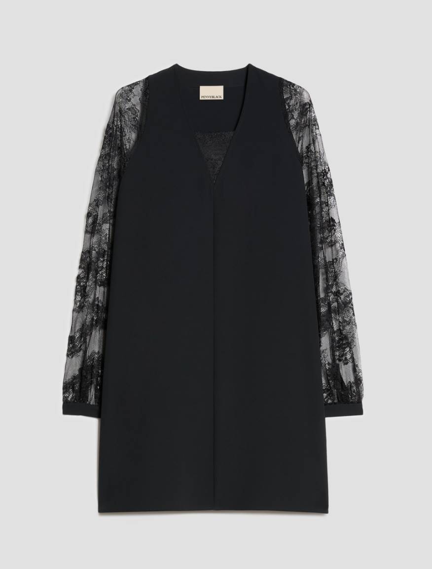 Twill and lace tunic dress - BLACK - Pennyblack - 2