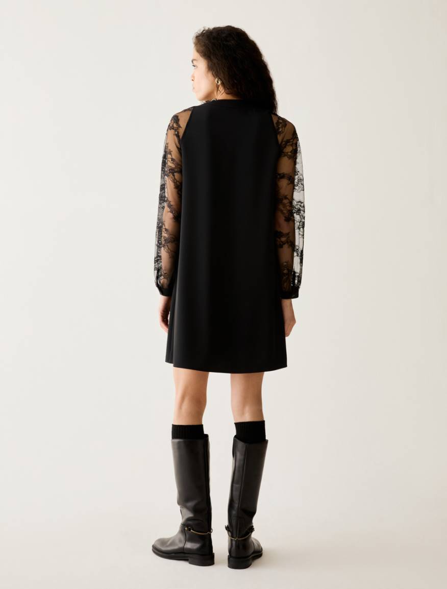 Twill and lace tunic dress - BLACK - Pennyblack - 3