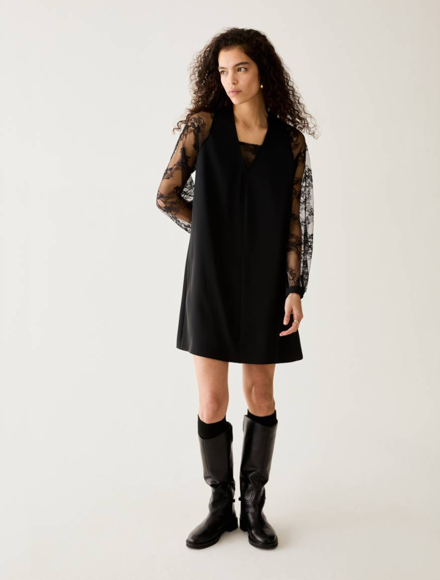 Twill and lace tunic dress - BLACK - Pennyblack