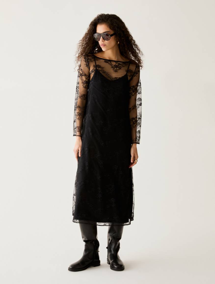 2-in-1 lace and twill dress - BLACK - Pennyblack - 5