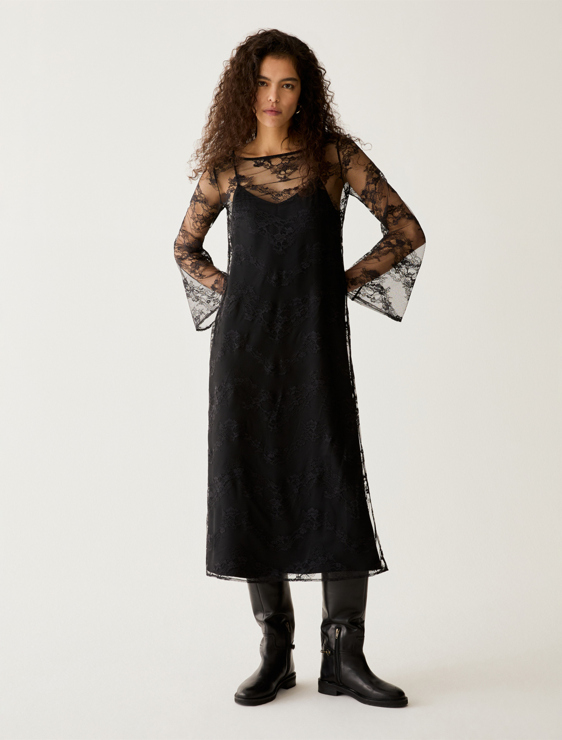 2-in-1 lace and twill dress - BLACK - Pennyblack - 1
