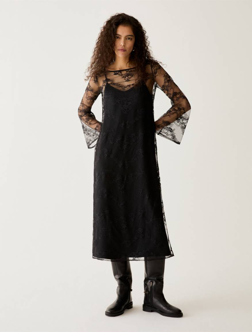 2-in-1 lace and twill dress - BLACK - Pennyblack