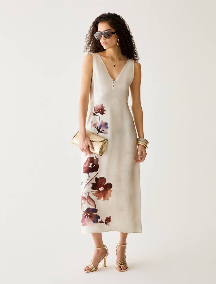 Floral silk satin dress - BRICK RED - Pennyblack - 5