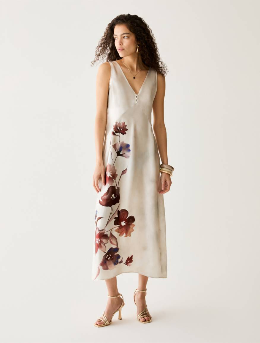 Floral silk satin dress - BRICK RED - Pennyblack