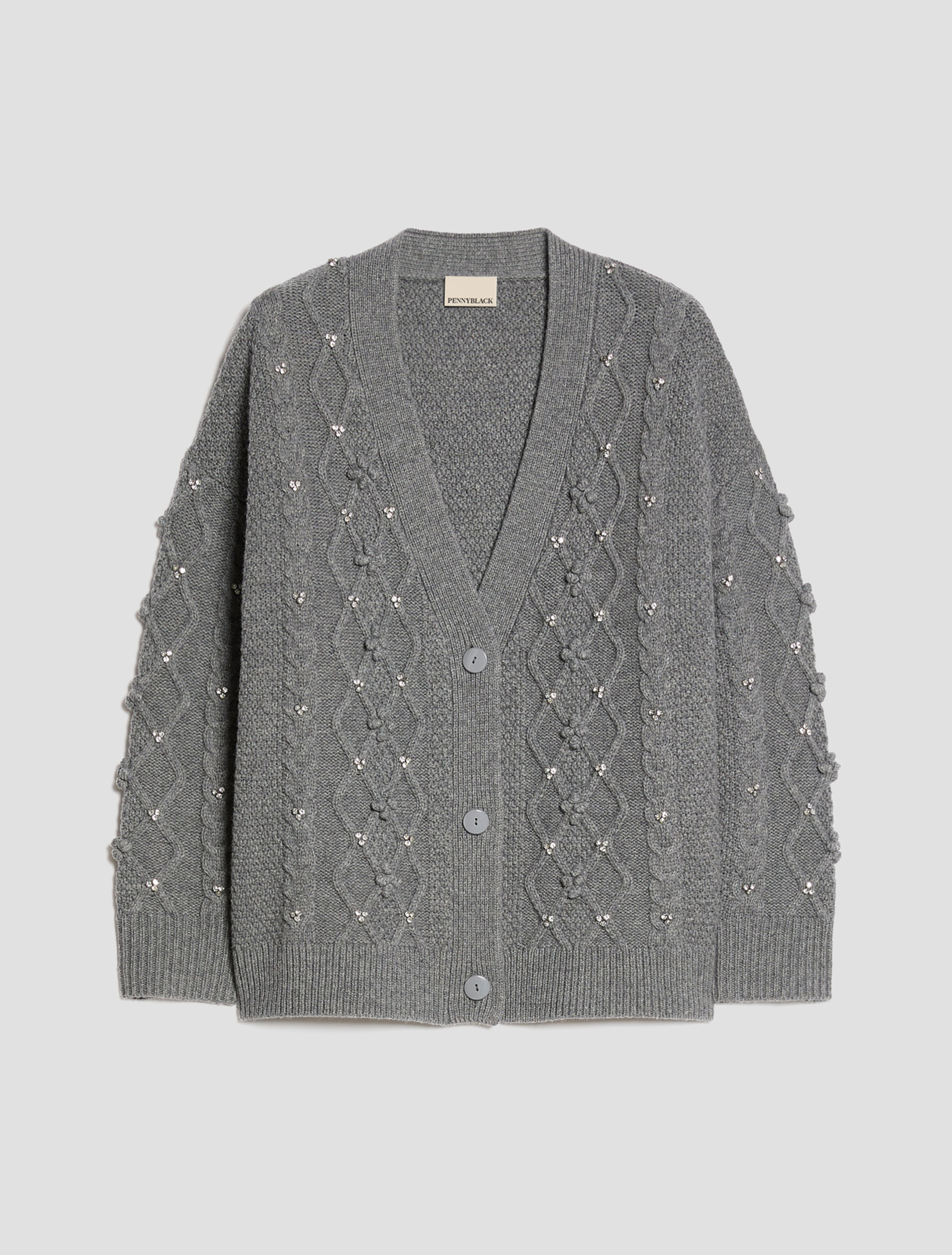 Diamond-knit and rhinestone cardigan - GREY - Pennyblack - 2