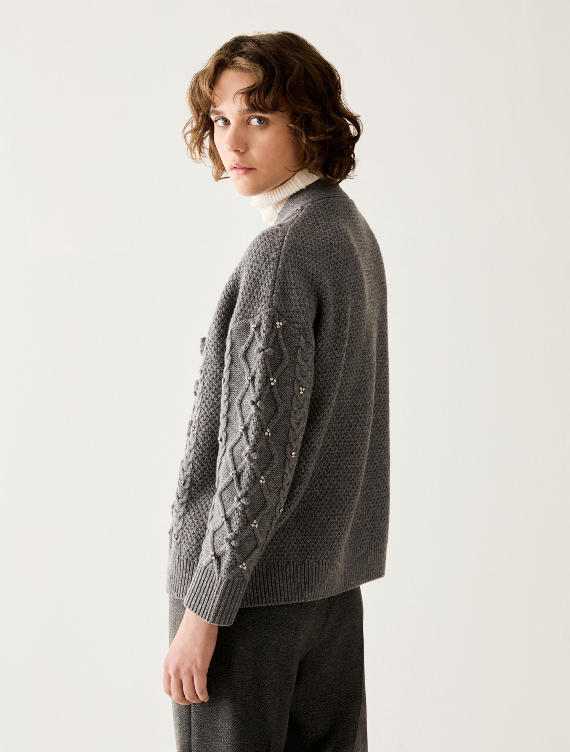 Diamond-knit and rhinestone cardigan - GREY - Pennyblack - 3