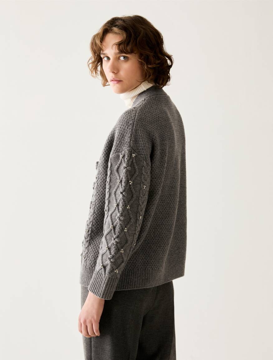Diamond-knit and rhinestone cardigan - GREY - Pennyblack - 3