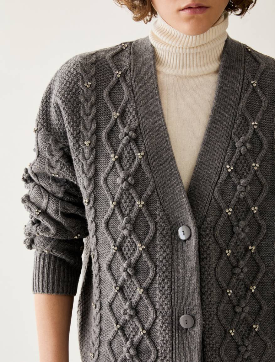 Diamond-knit and rhinestone cardigan - GREY - Pennyblack - 4