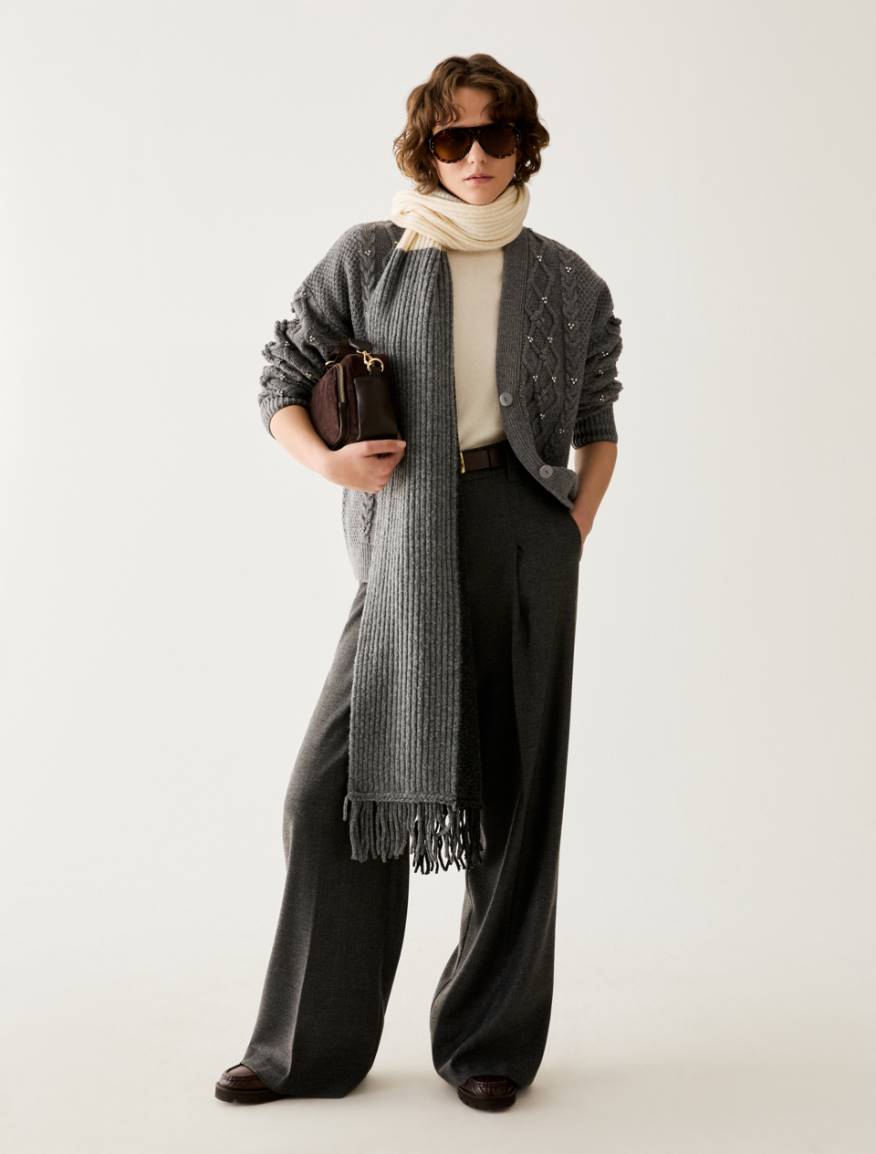 Diamond-knit and rhinestone cardigan - GREY - Pennyblack - 5