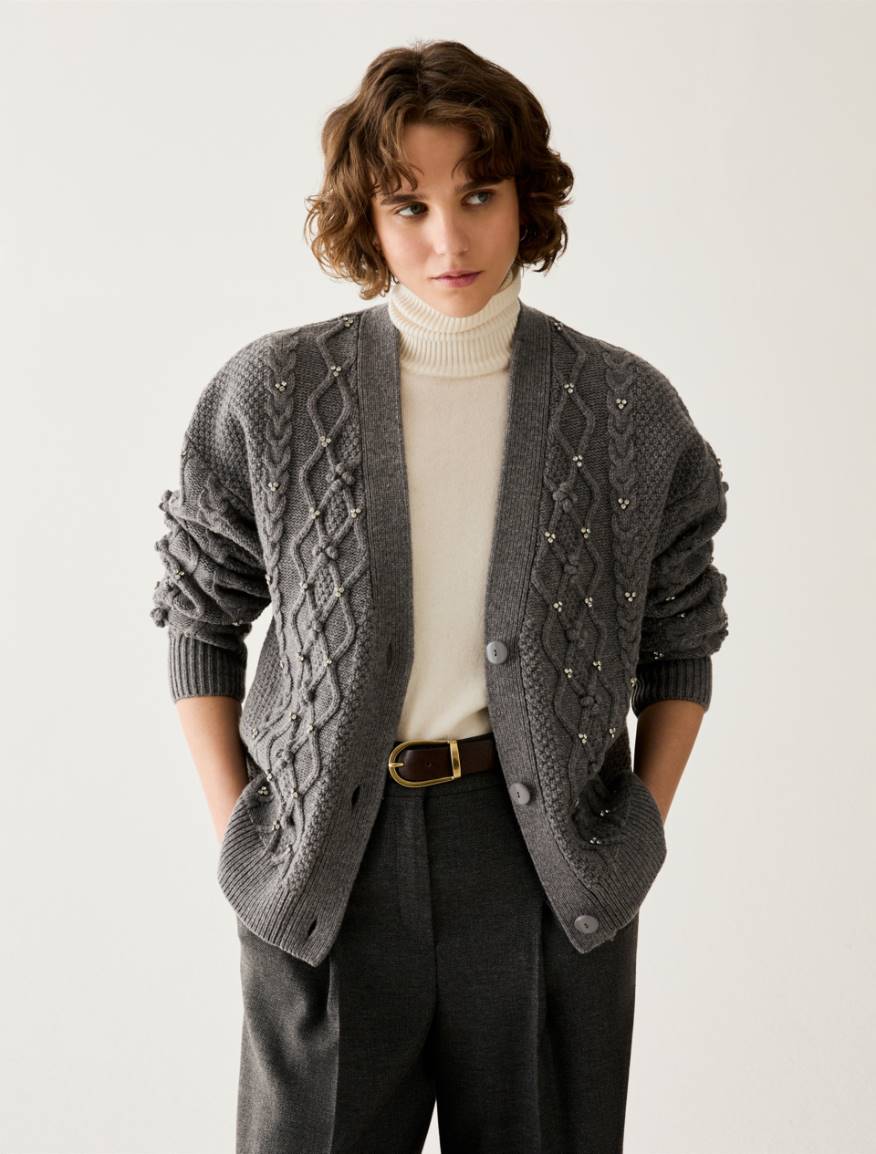 Diamond-knit and rhinestone cardigan - GREY - Pennyblack