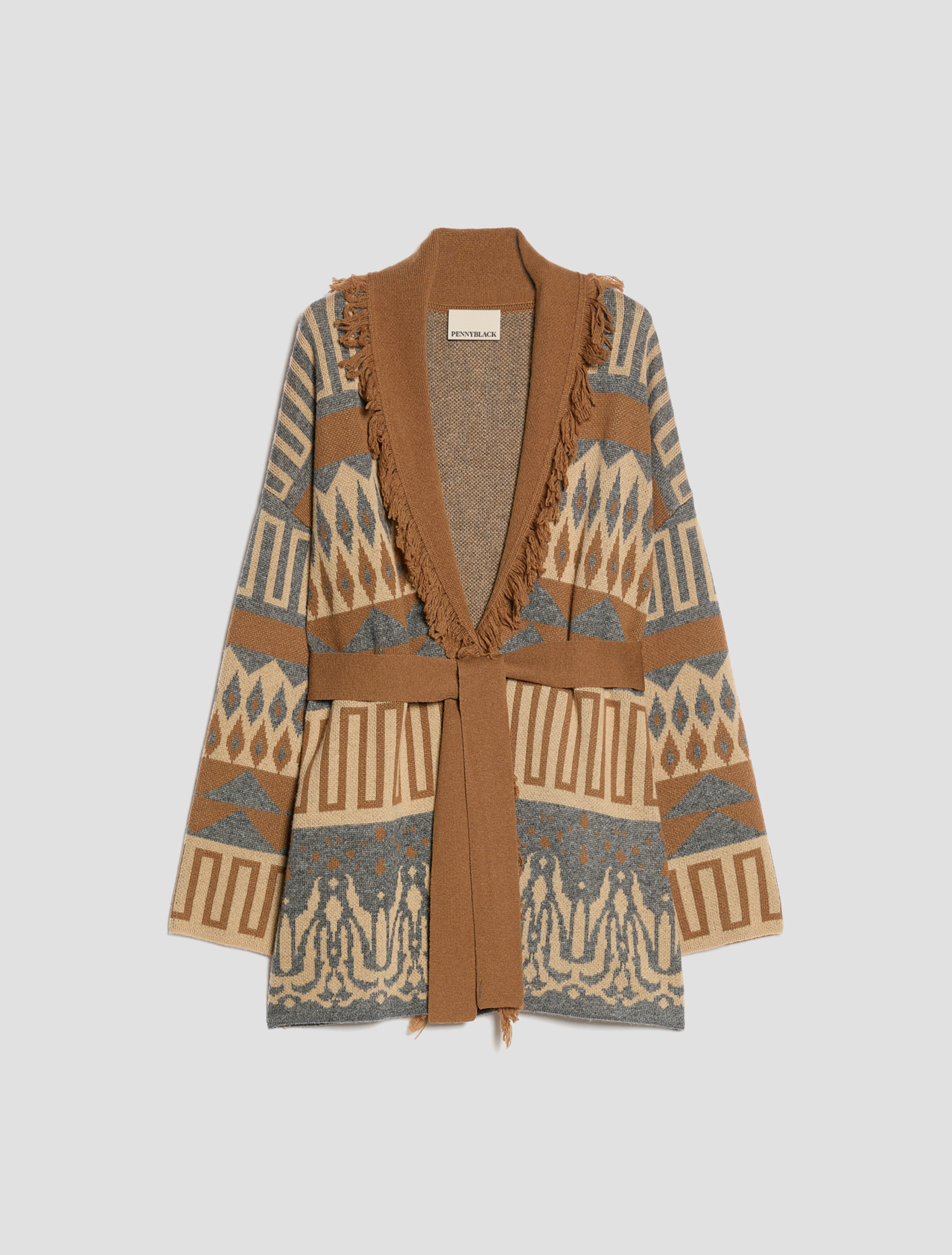 Fringed jacquard cardigan - TOBACCO BROWN - Pennyblack - 2