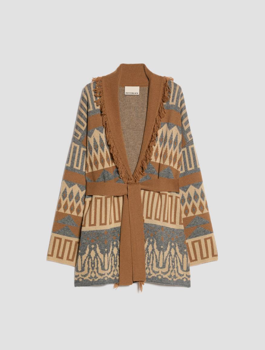 Fringed jacquard cardigan - TOBACCO BROWN - Pennyblack - 2