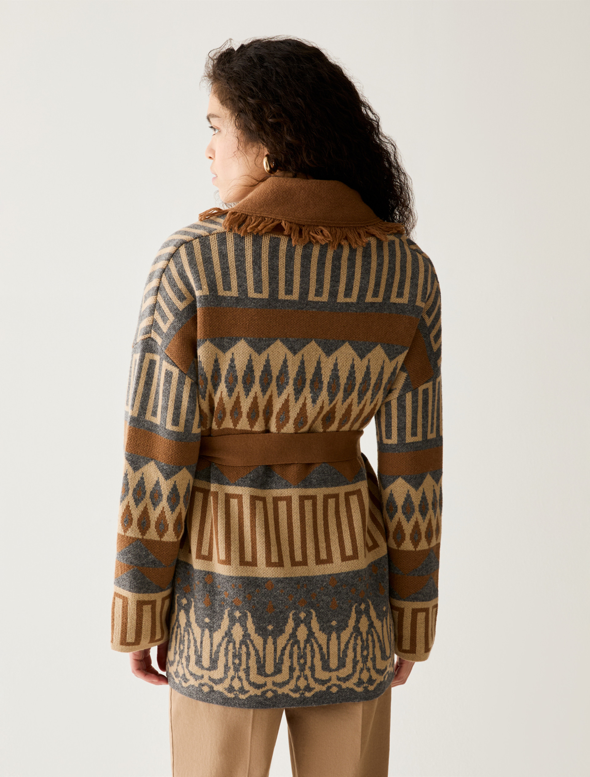 Fringed jacquard cardigan - TOBACCO BROWN - Pennyblack - 3