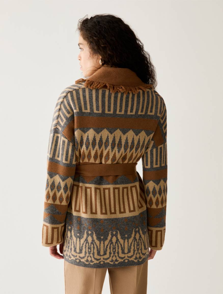 Fringed jacquard cardigan - TOBACCO BROWN - Pennyblack - 3