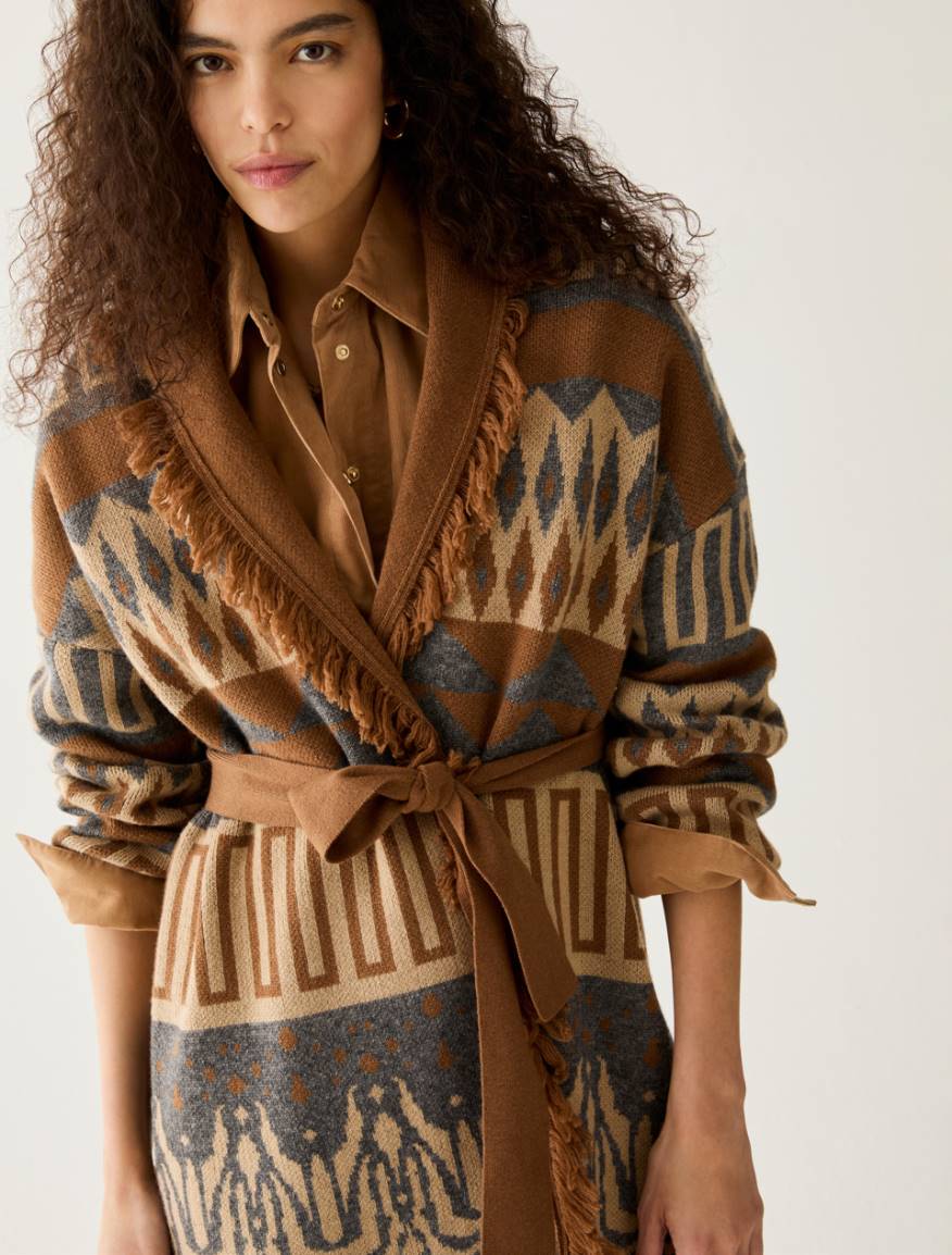 Fringed jacquard cardigan - TOBACCO BROWN - Pennyblack - 4