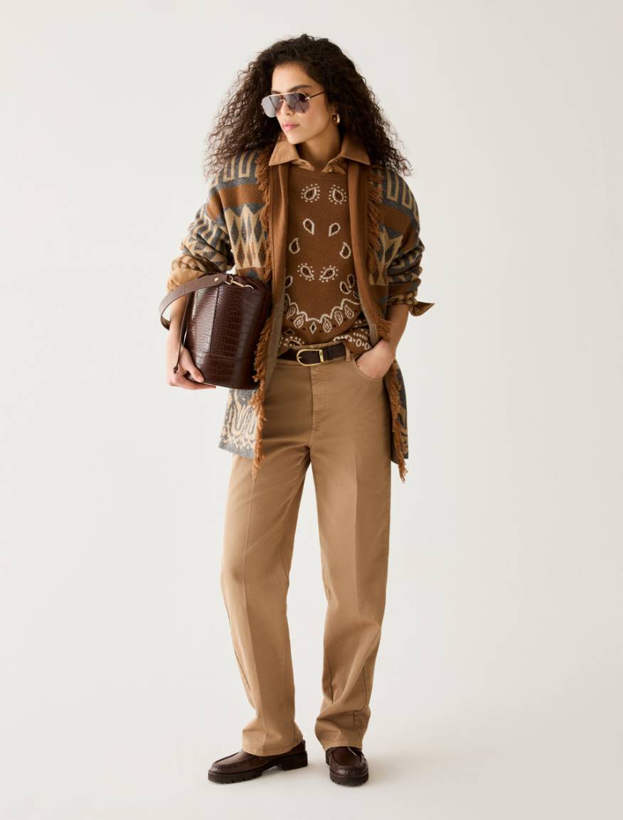 Fringed jacquard cardigan - TOBACCO BROWN - Pennyblack - 5