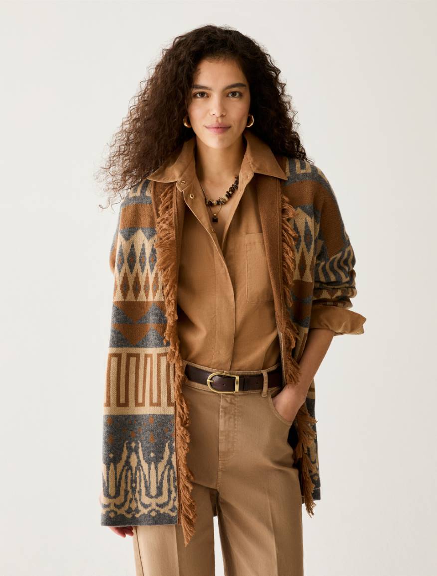 Fringed jacquard cardigan - TOBACCO BROWN - Pennyblack