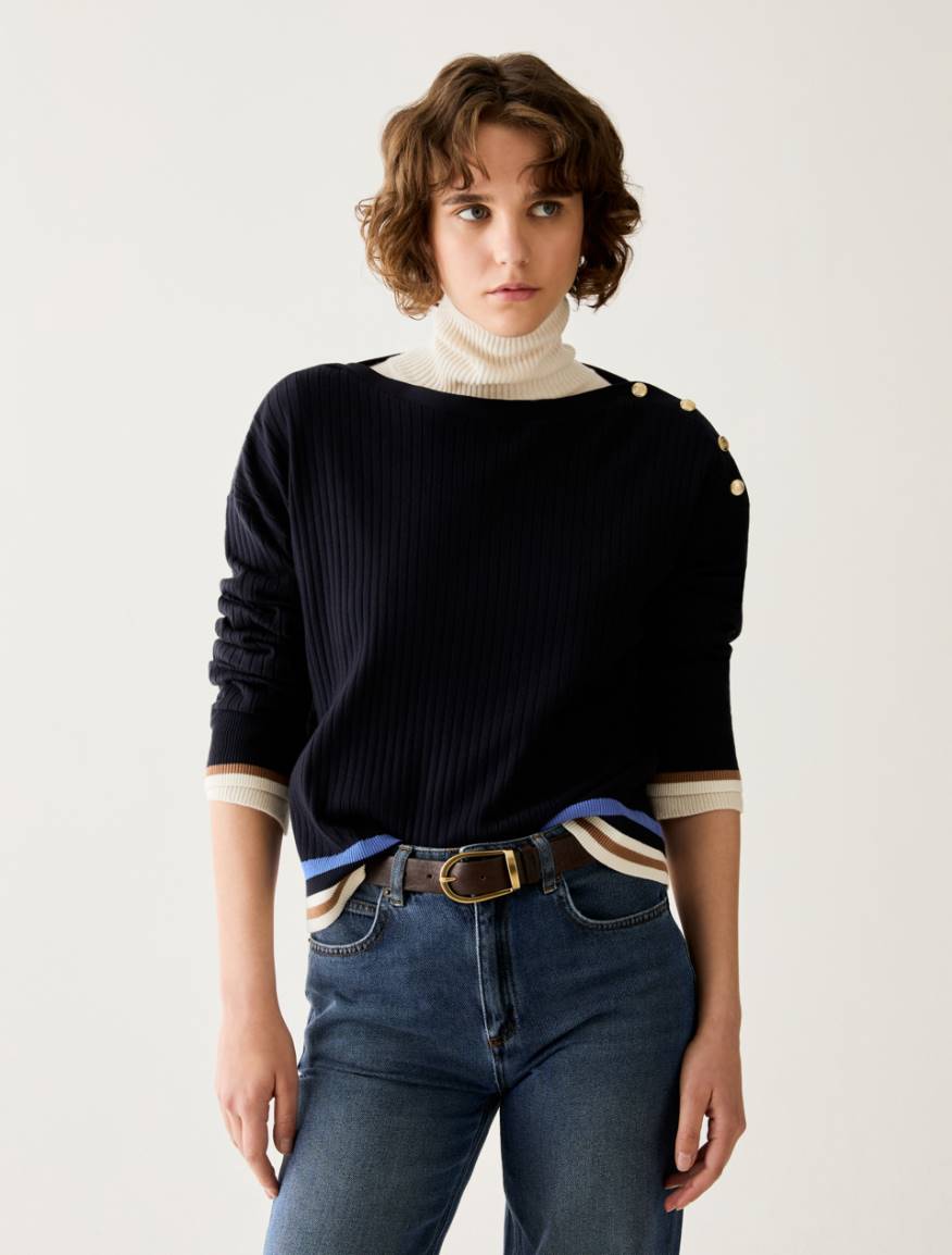 Button-detail rib-knit jumper - NAVY - Pennyblack