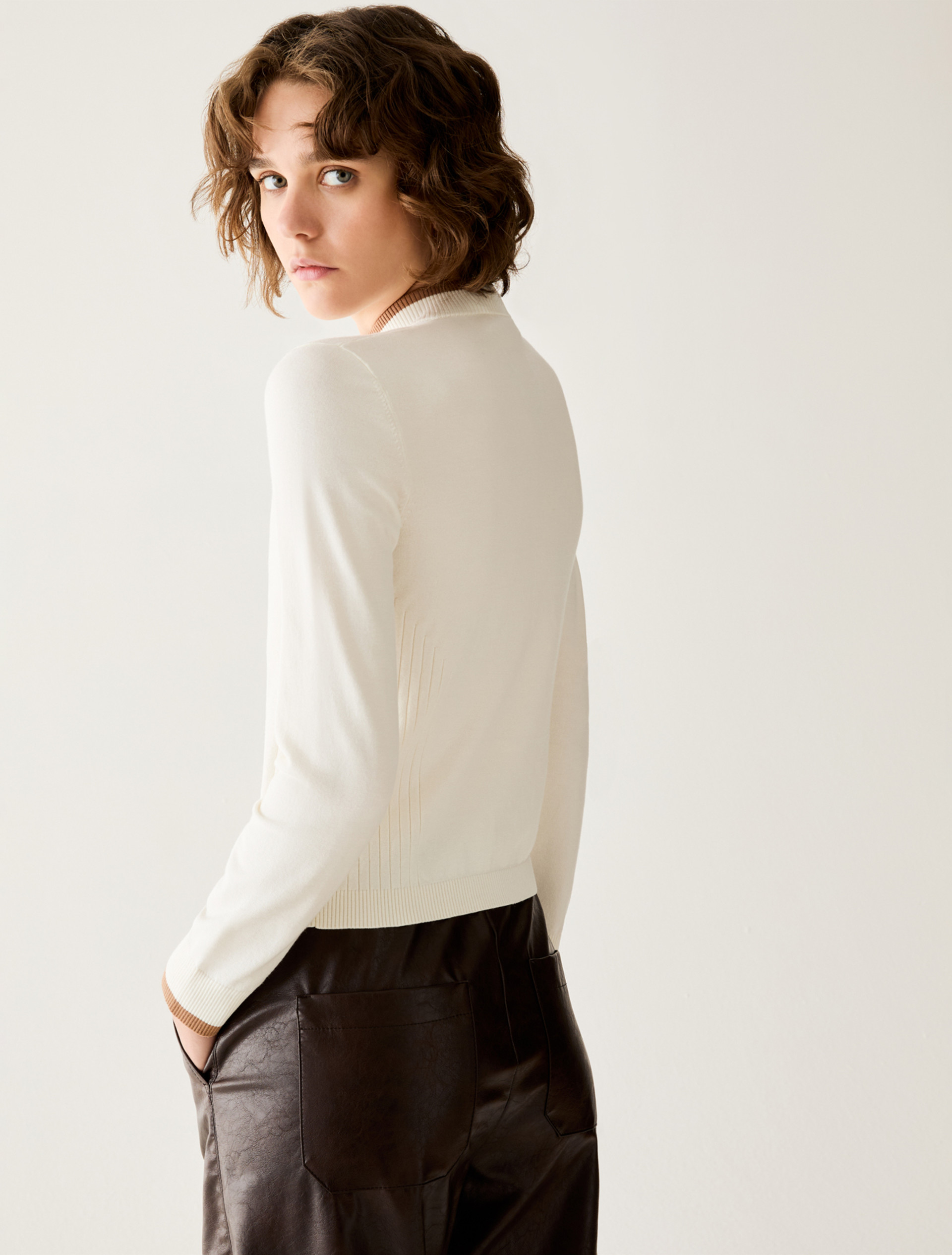 Slim fine-knit mock polo-neck jumper - CREAM - Pennyblack - 3