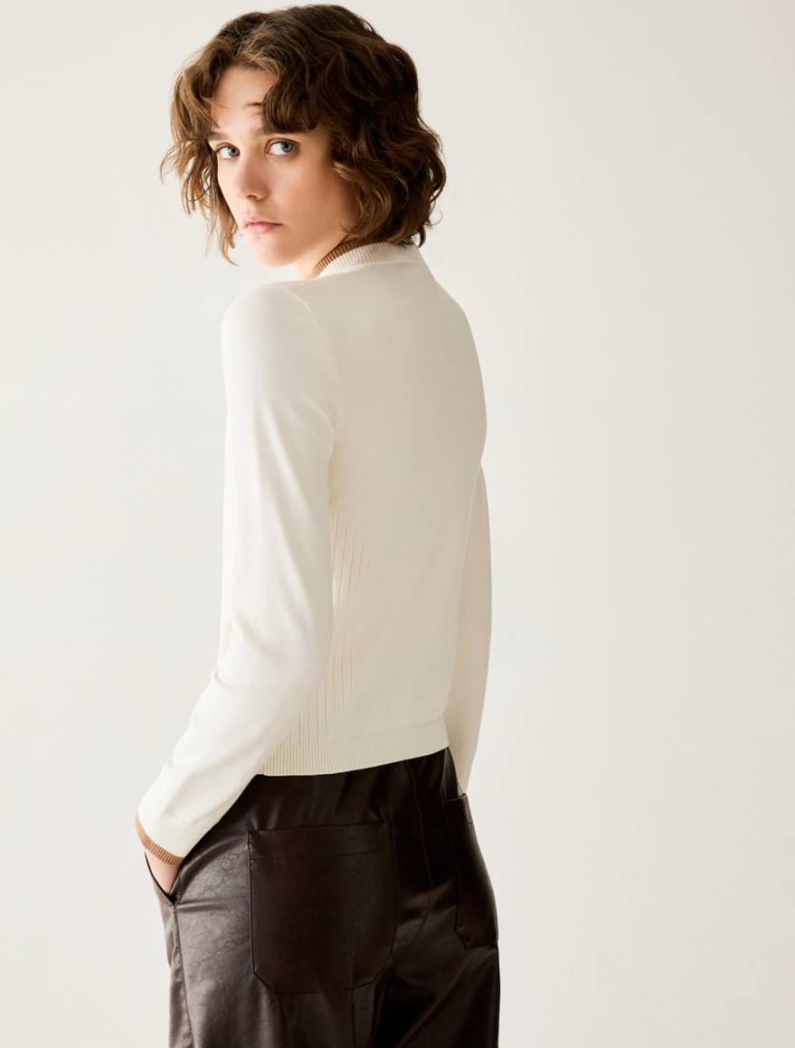Slim fine-knit mock polo-neck jumper - CREAM - Pennyblack - 3