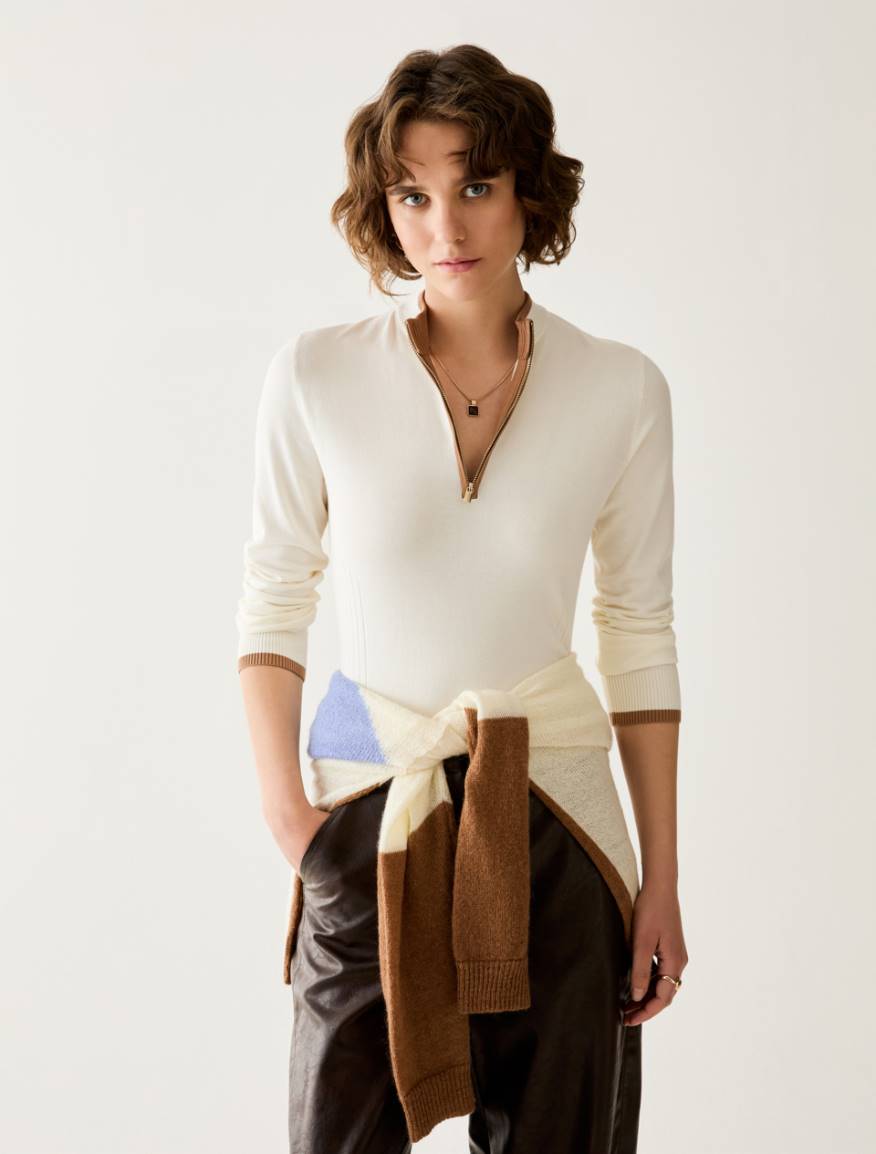 Slim fine-knit mock polo-neck jumper - CREAM - Pennyblack