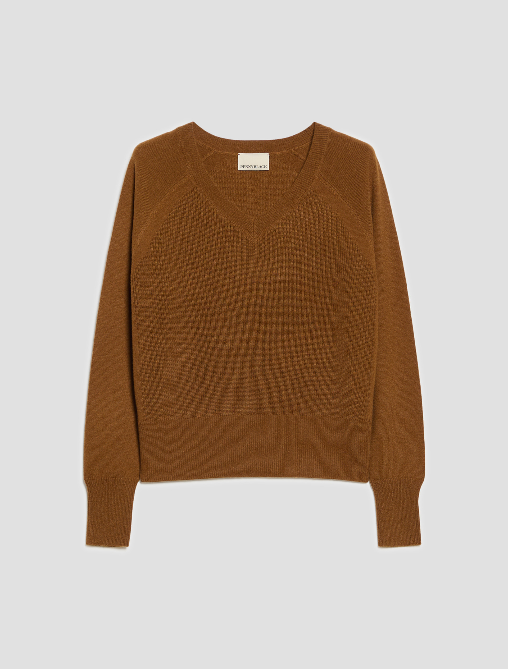 Mixed-stitch V neck jumper - TOBACCO BROWN - Pennyblack - 2