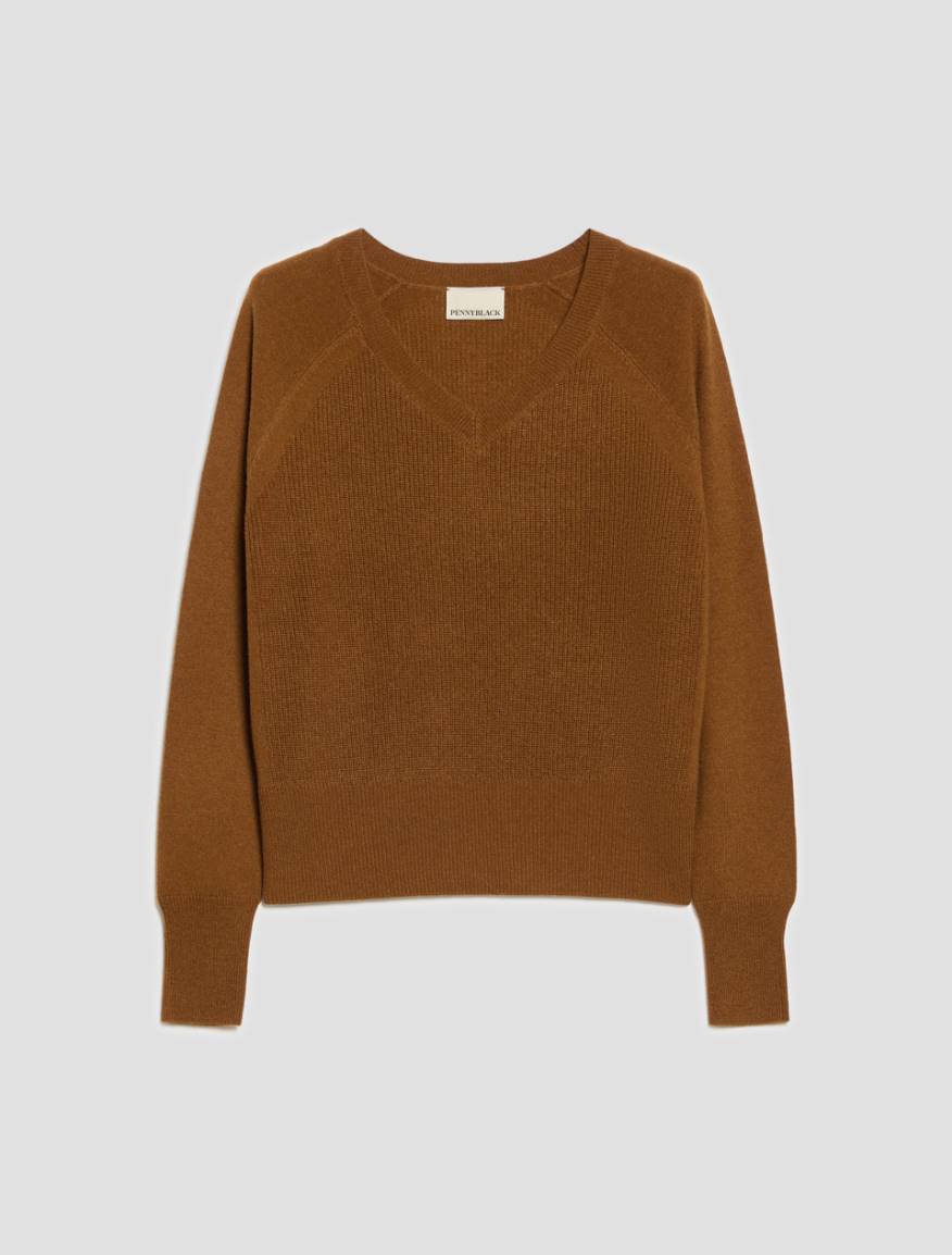 Mixed-stitch V neck jumper - TOBACCO BROWN - Pennyblack - 2