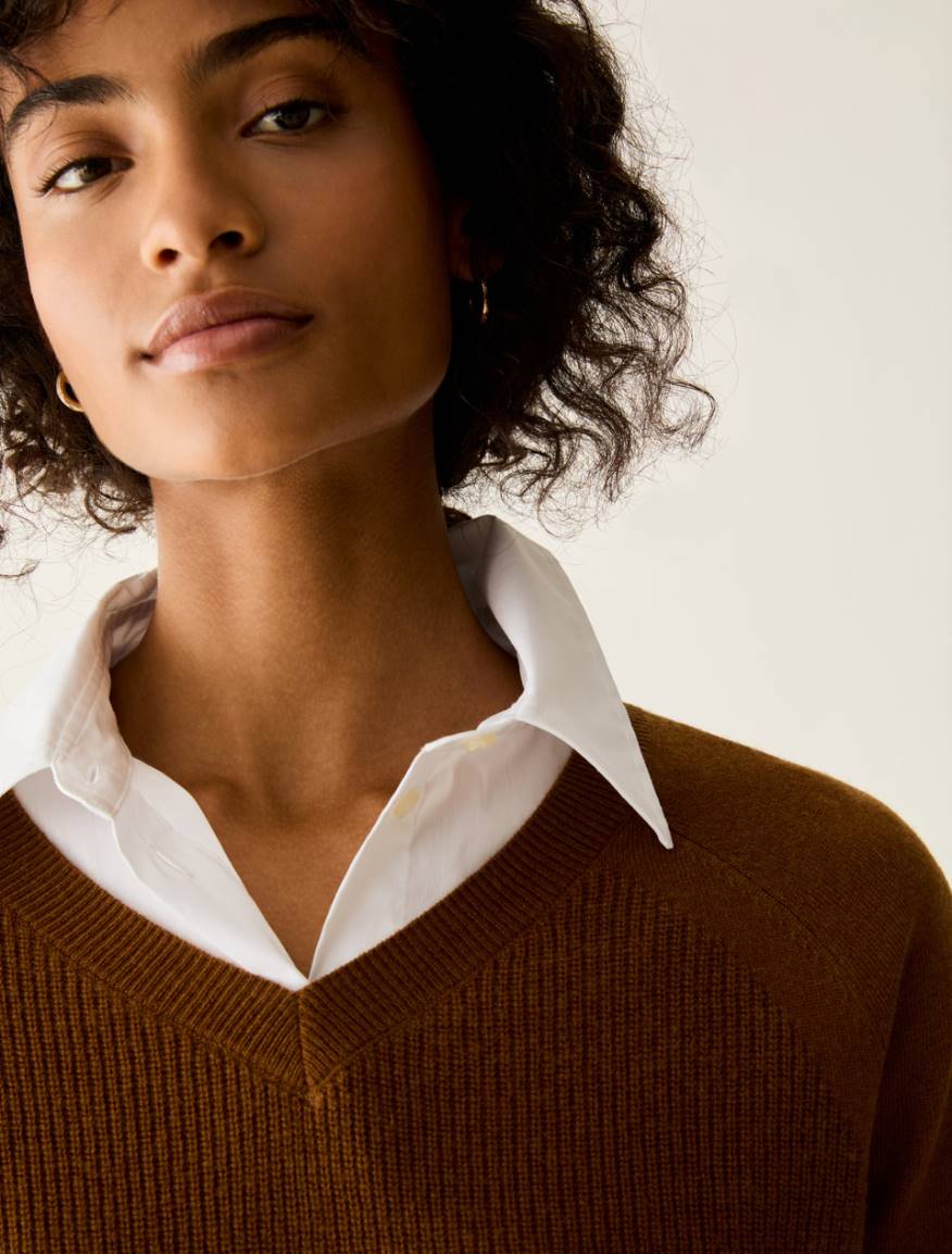 Mixed-stitch V neck jumper - TOBACCO BROWN - Pennyblack - 4