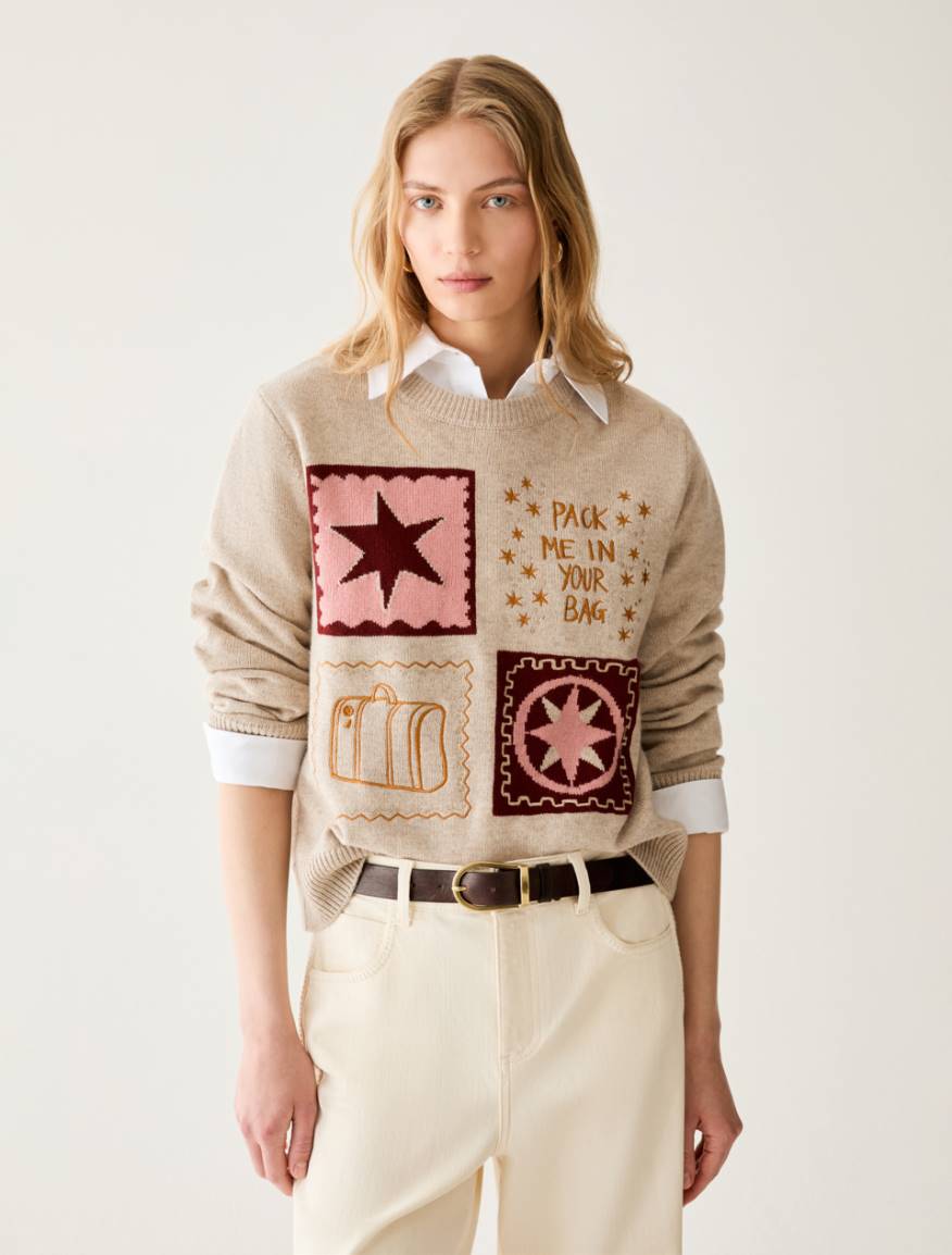Jumper with graphics and embroidery - BEIGE - Pennyblack