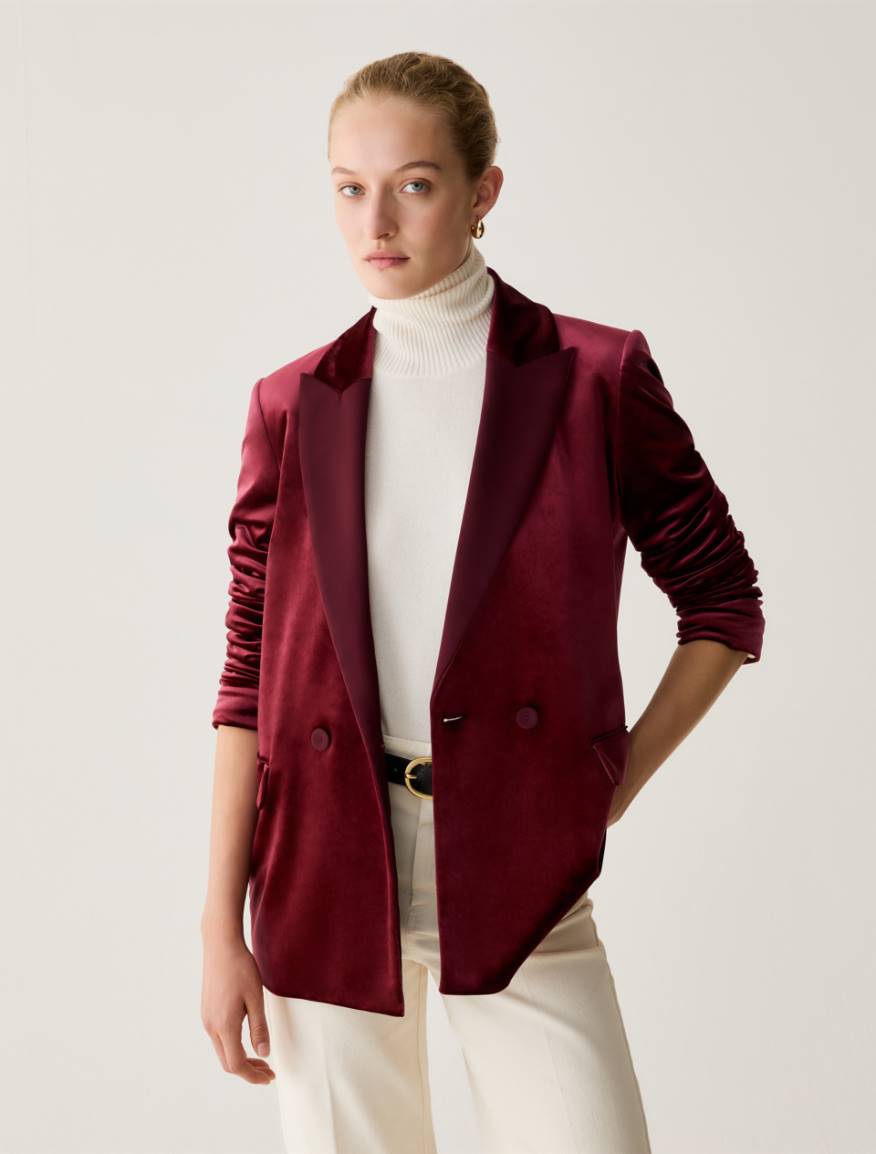 Velvet jersey and satin blazer - BORDEAUX - Pennyblack