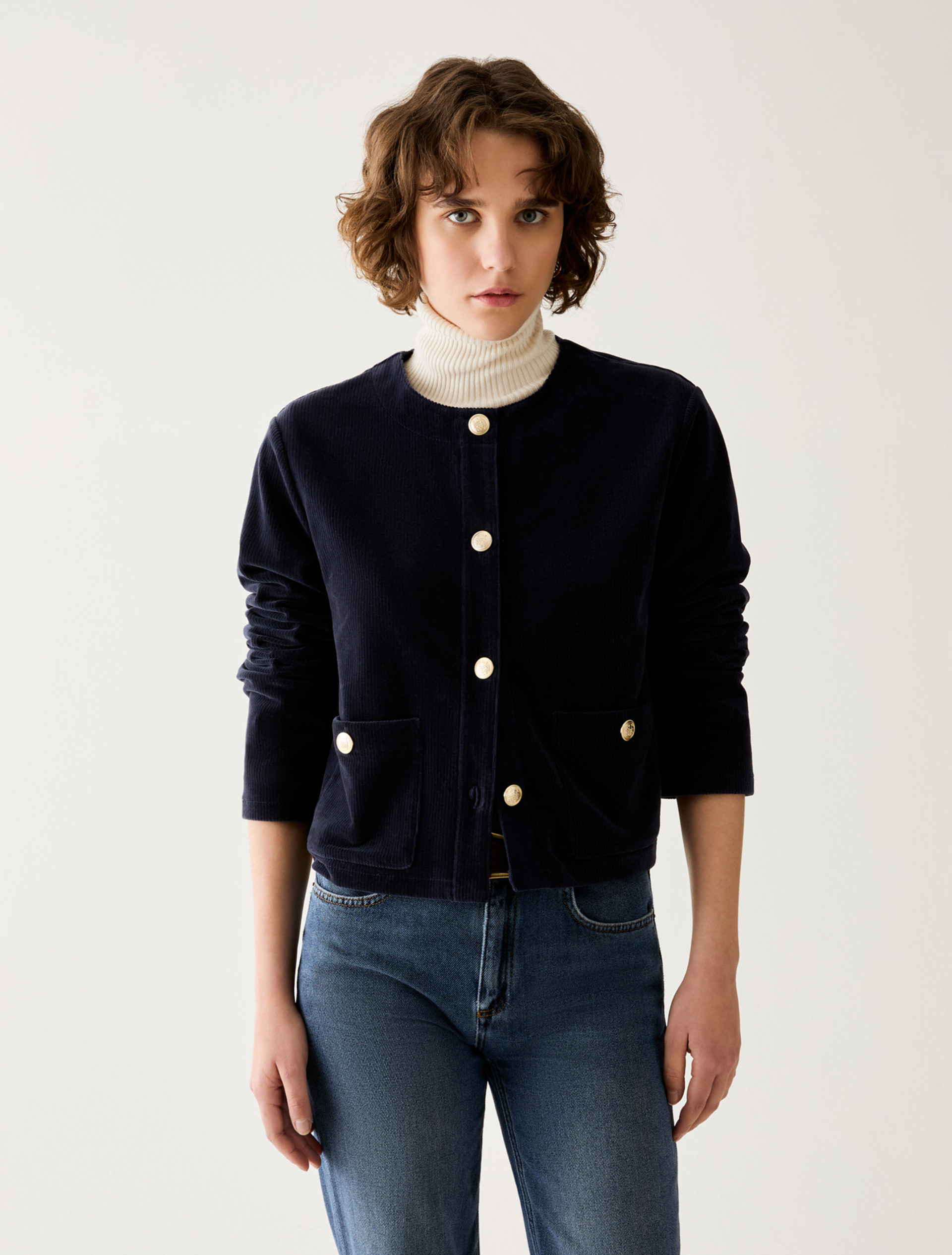 Boxy corduroy-effect jersey jacket - NAVY - Pennyblack - 1