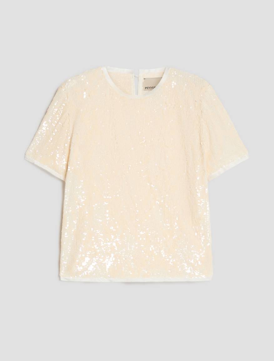 Sequin-embroidered tulle T-shirt - WOOL WHITE - Pennyblack - 2
