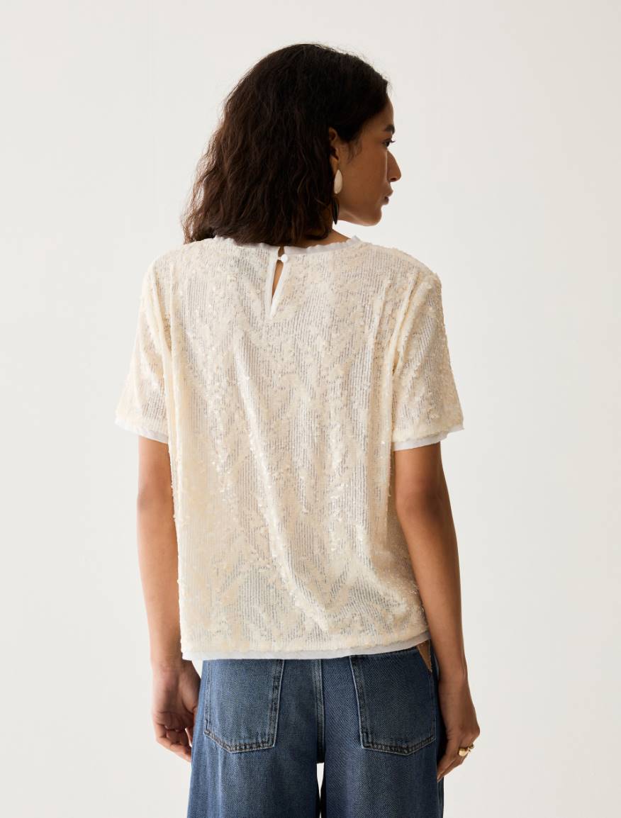 Sequin-embroidered tulle T-shirt - WOOL WHITE - Pennyblack - 3