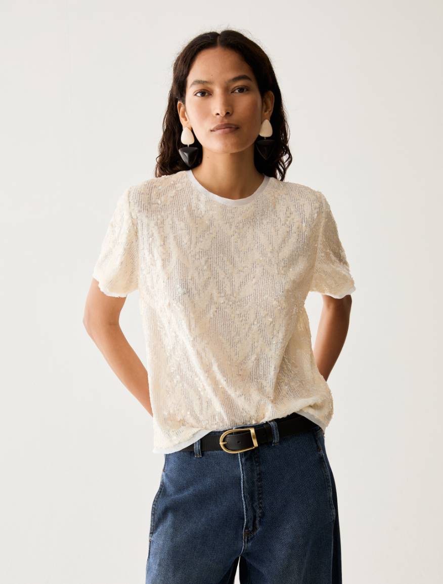 Sequin-embroidered tulle T-shirt - WOOL WHITE - Pennyblack