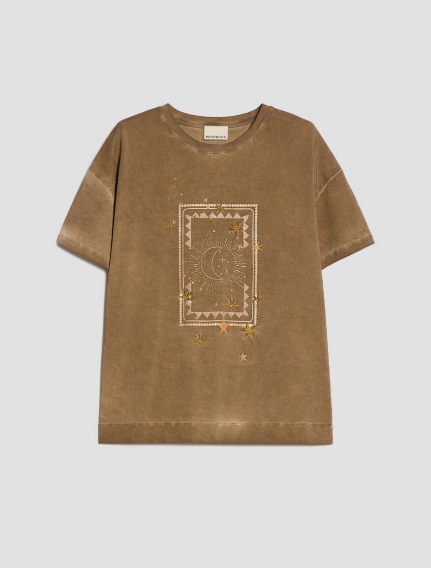 Embroidered cotton T-shirt - DARK BOWN - Pennyblack - 2