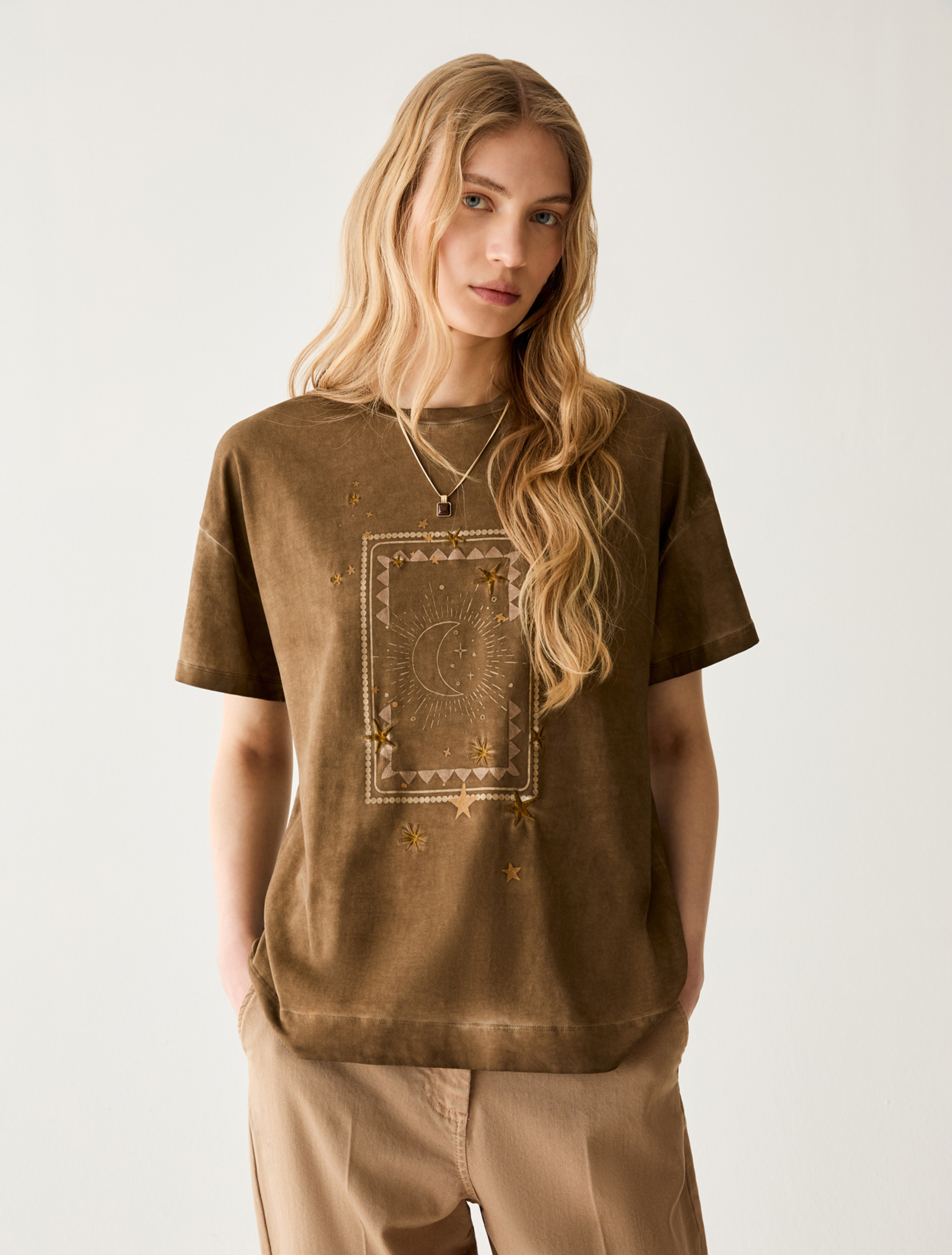 Embroidered cotton T-shirt - DARK BOWN - Pennyblack - 1