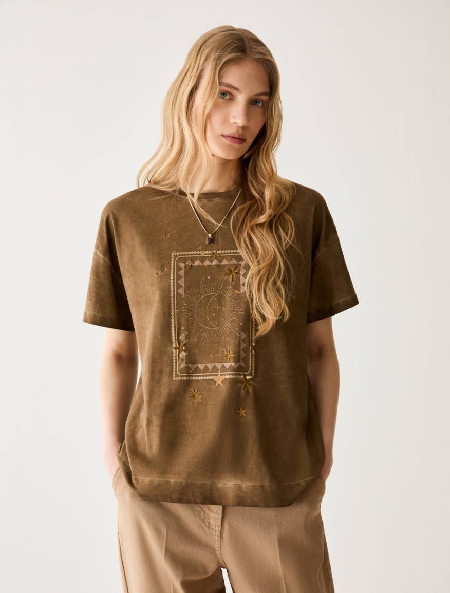 Embroidered cotton T-shirt - DARK BOWN - Pennyblack