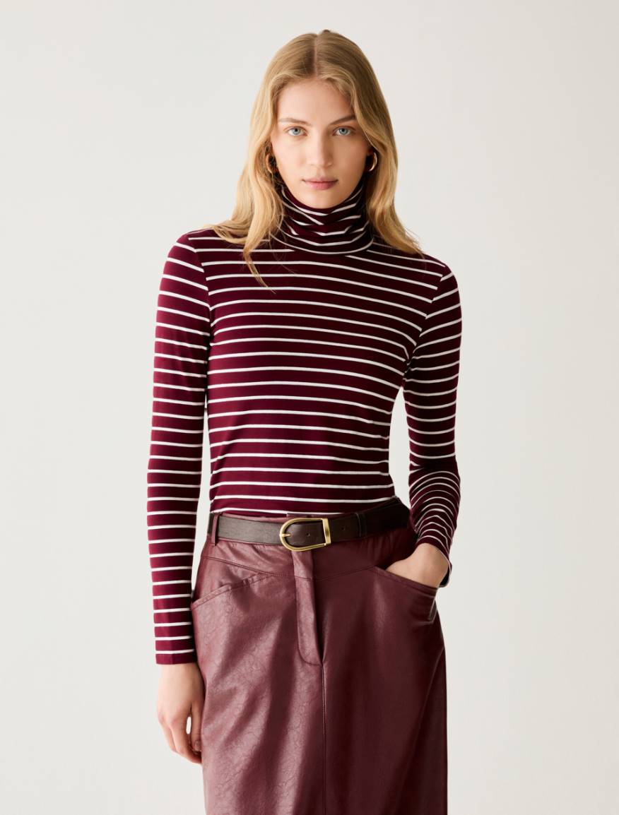 Stretch-jersey polo-neck T-shirt - BORDEAUX - Pennyblack