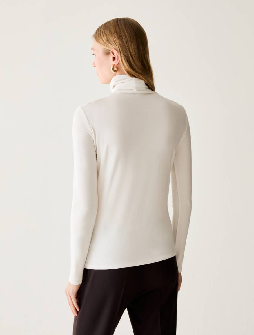 Stretch-jersey polo-neck T-shirt - IVORY - Pennyblack - 3