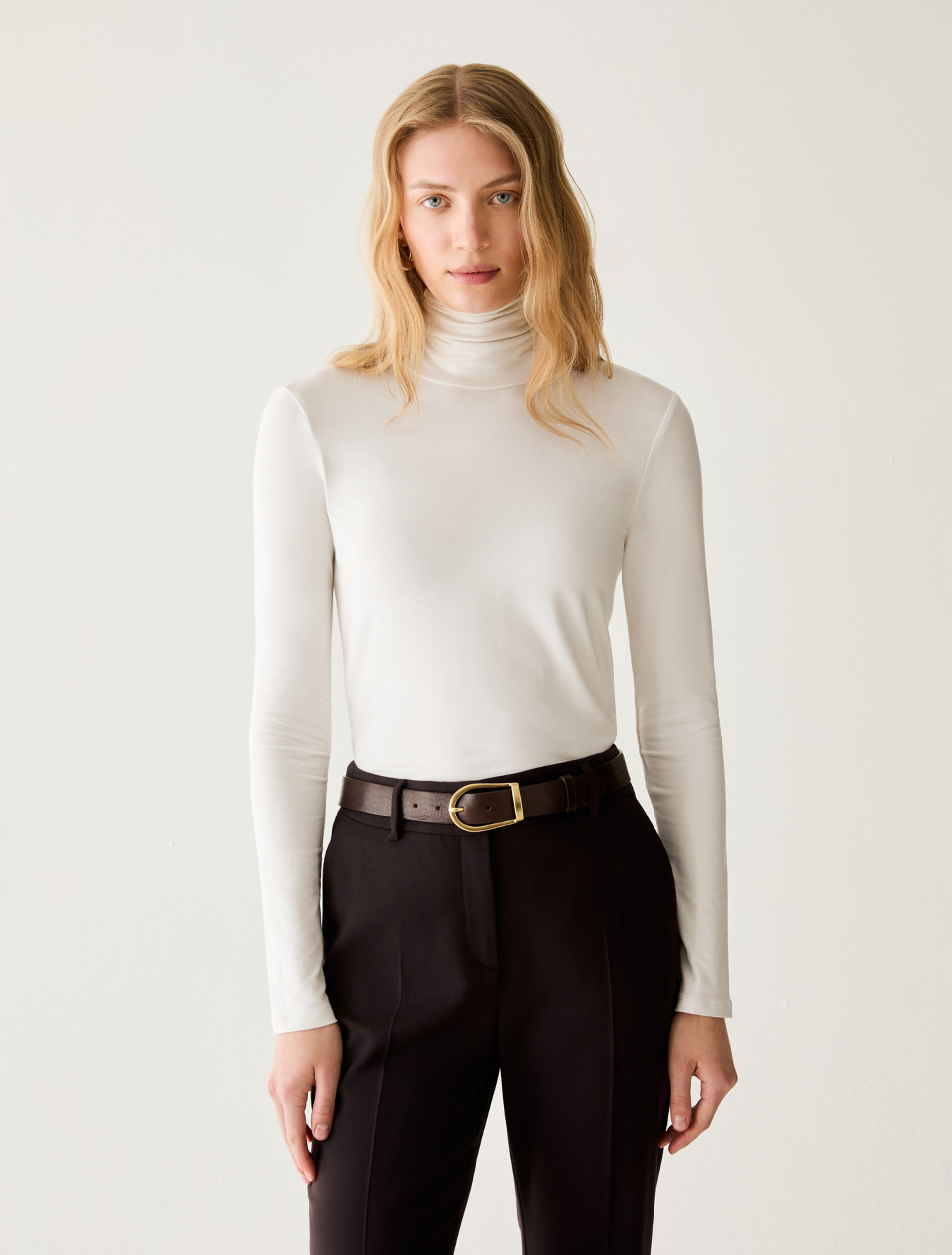 Stretch-jersey polo-neck T-shirt - IVORY - Pennyblack - 1