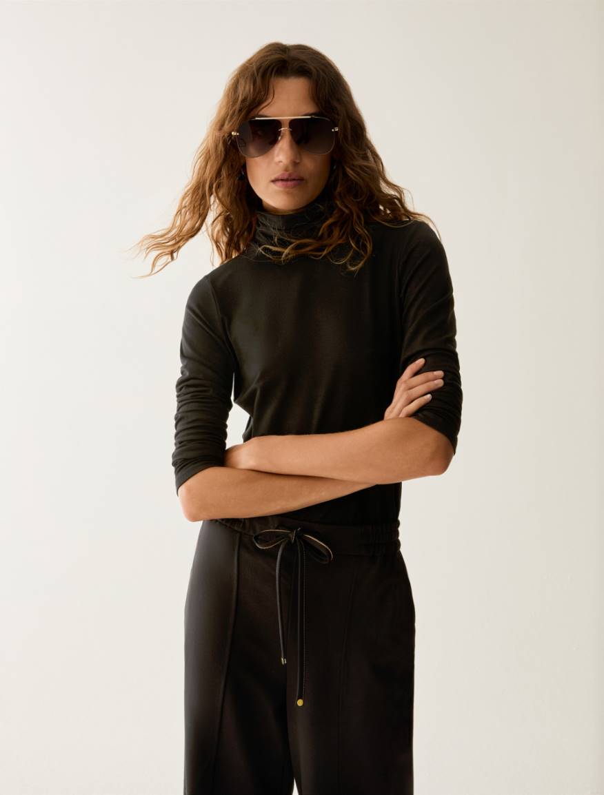 Stretch-jersey polo-neck T-shirt - BLACK - Pennyblack