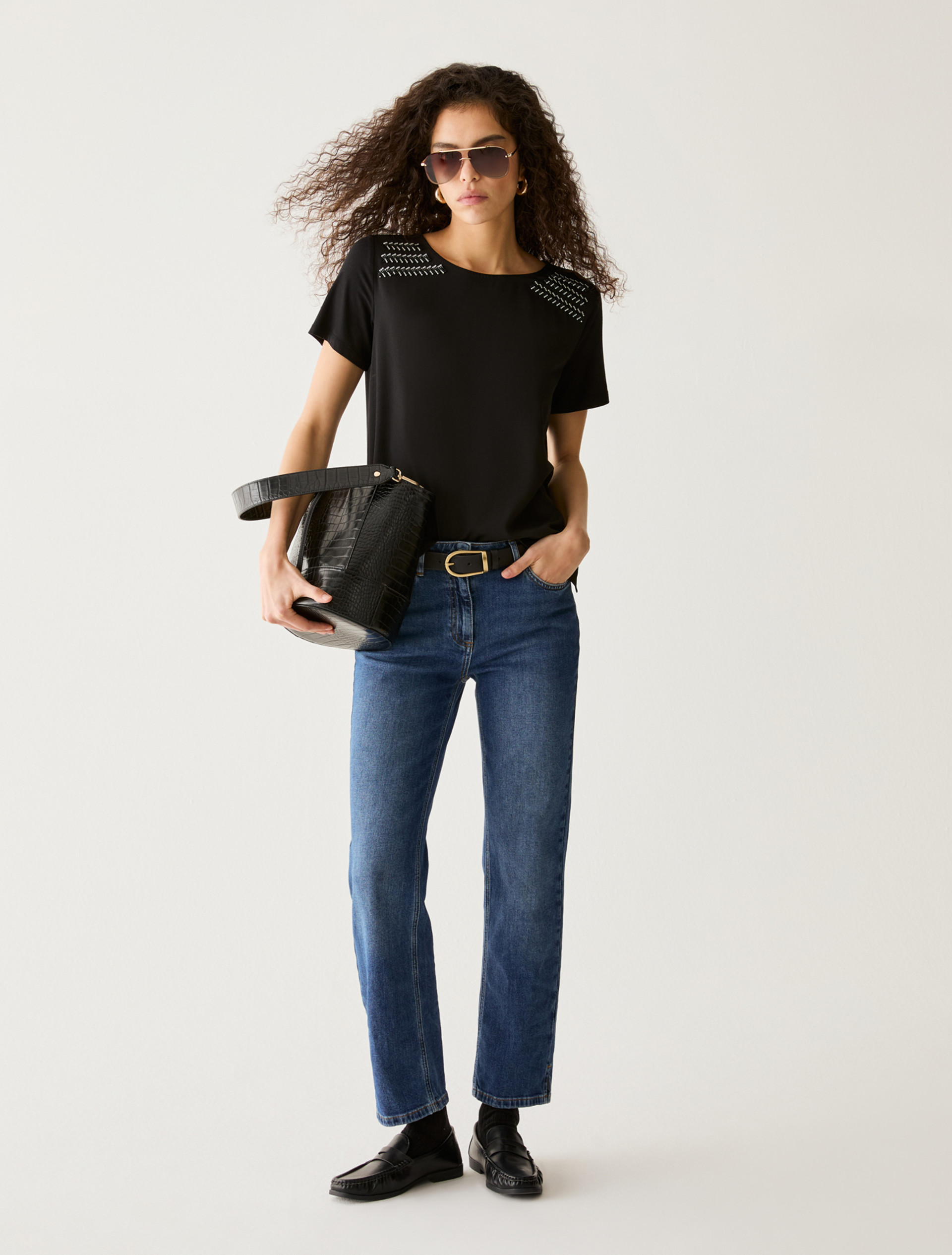 Jersey and crêpe de Chine T-shirt - BLACK - Pennyblack - 5