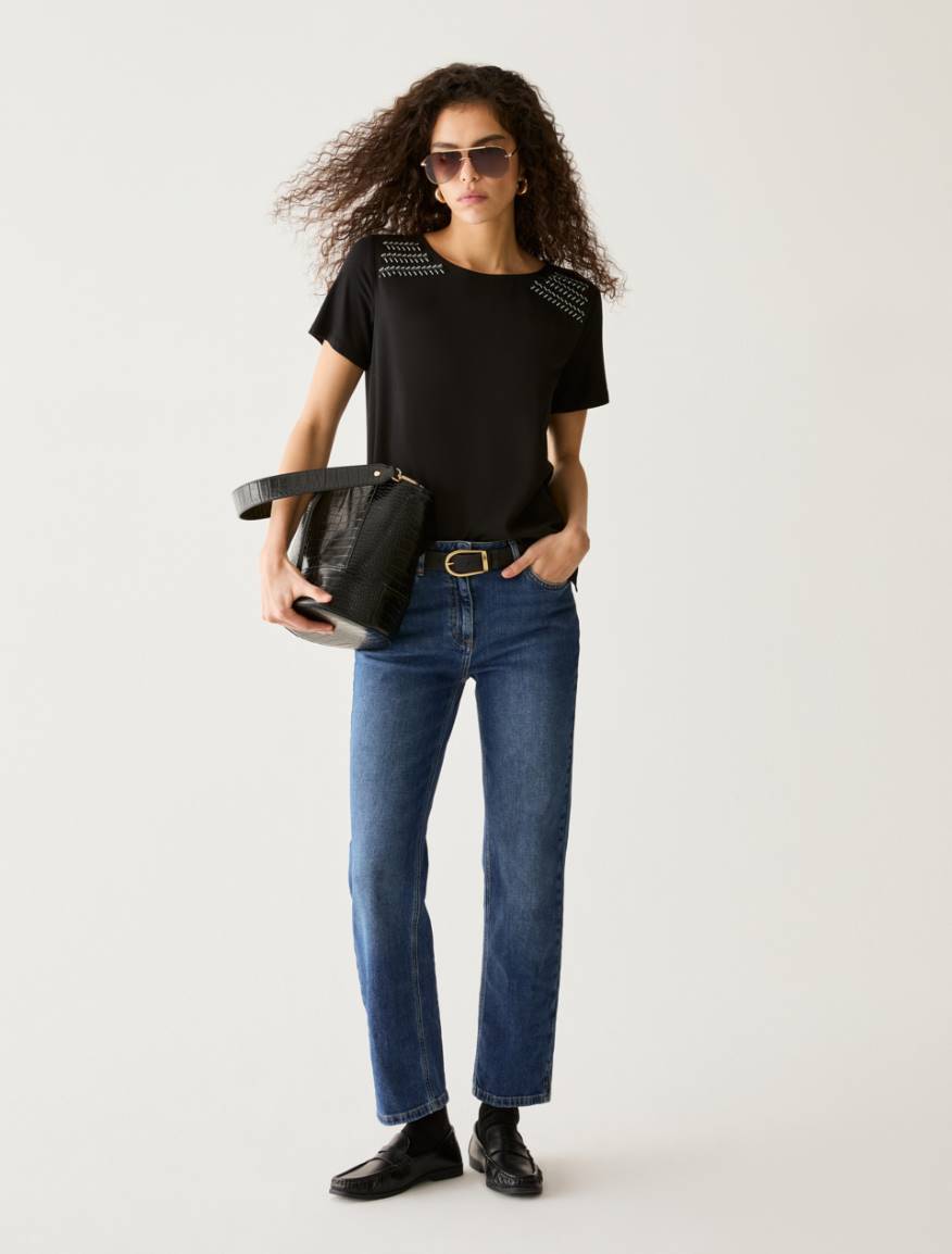 Jersey and crêpe de Chine T-shirt - BLACK - Pennyblack - 5
